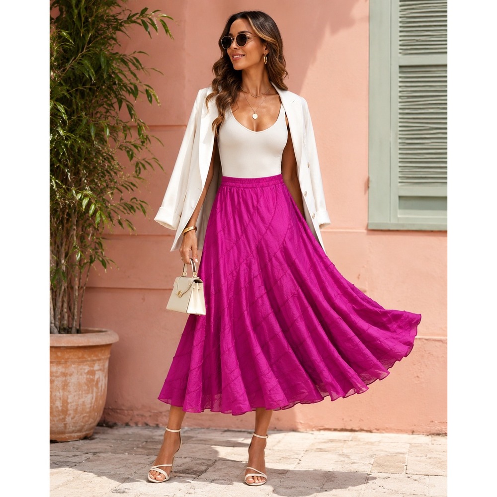 Grace Elements Women's Size Large Fuchsia Cotton Godet Flare Midi Skirt Boho Y2K